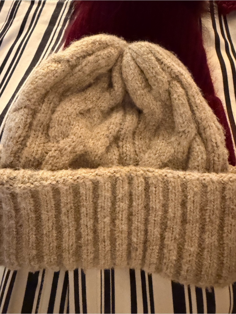 Free People Beige Cable Knit Folded Cuff Beanie